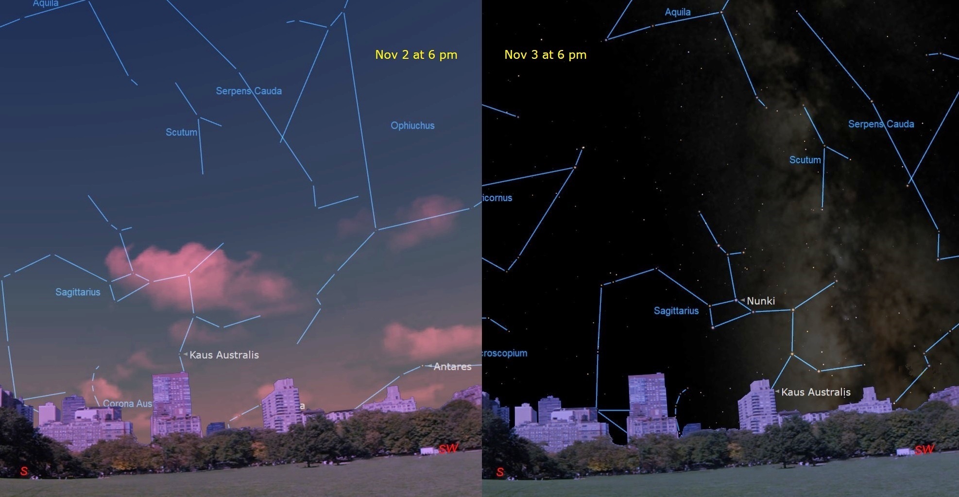 Two star maps side by side, with the left one being lighter with a sunset and the one on the right being of the night sky. Both include the labeled constellation Sagittarius.