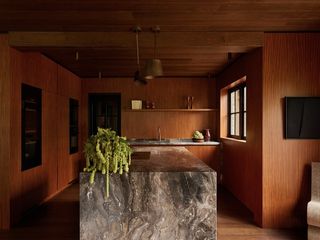 All wood kitchen with a gray marble island and a green plant on top