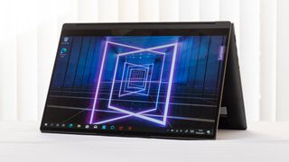 The Lenovo Yoga 9i 14in (Shadow Black) in tent mode