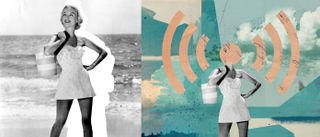 A collage of a woman on a beach with a signal icon instead of a head