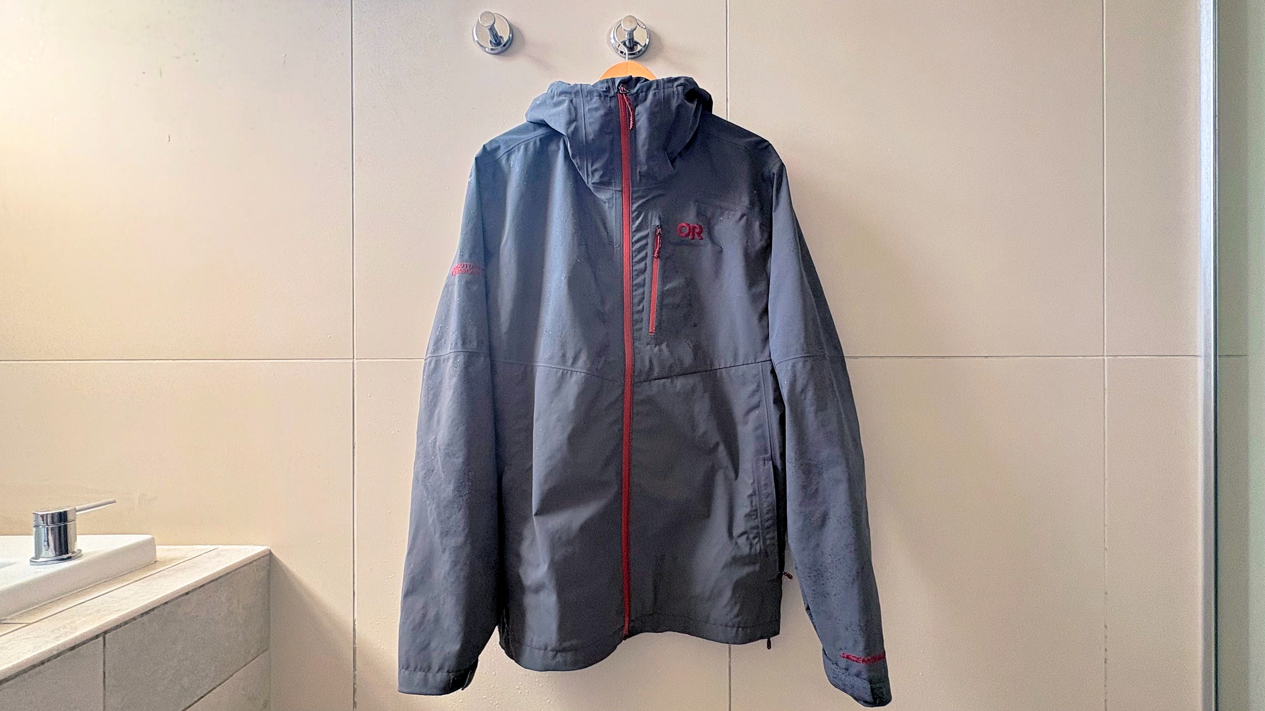 Close-up of the Outdoor Research Foray 3L rain jacket in "Storm"