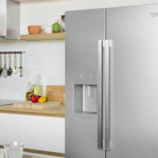 Silver fridge freezer from Beko in kitchen