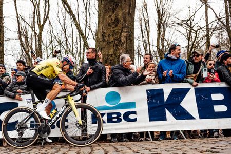 A side shot of Wout van Aert (Visma-Lease a Bike) riding up a cobbled climb during In Flanders Fields, with excited fans cheering behind a barrier