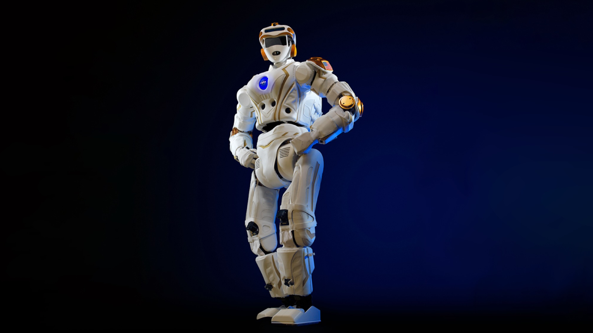 a white and gold humanoid robot stands with its hands on its hips against a dark-blue background.