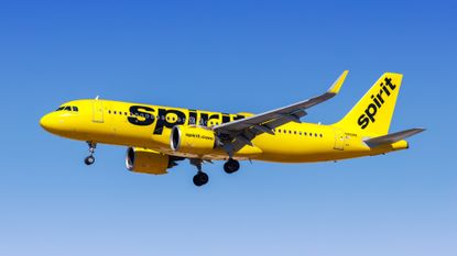 Yellow Spirit Airlines plane flying out of Las Vegas Airport in the United States