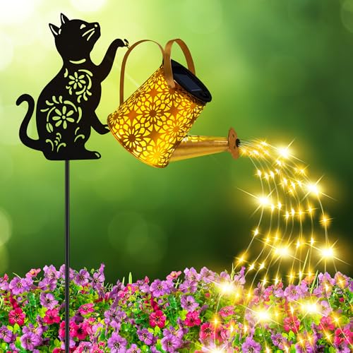 Solar Lights Outdoor Decorative, Watering Can With Cascading Lights, With Cat Silhouette Garden Stakes, Gifts for Mom Women, Waterproof Metal Garden Decor for Yard Art, Outside, Patio, Lawn Ornaments