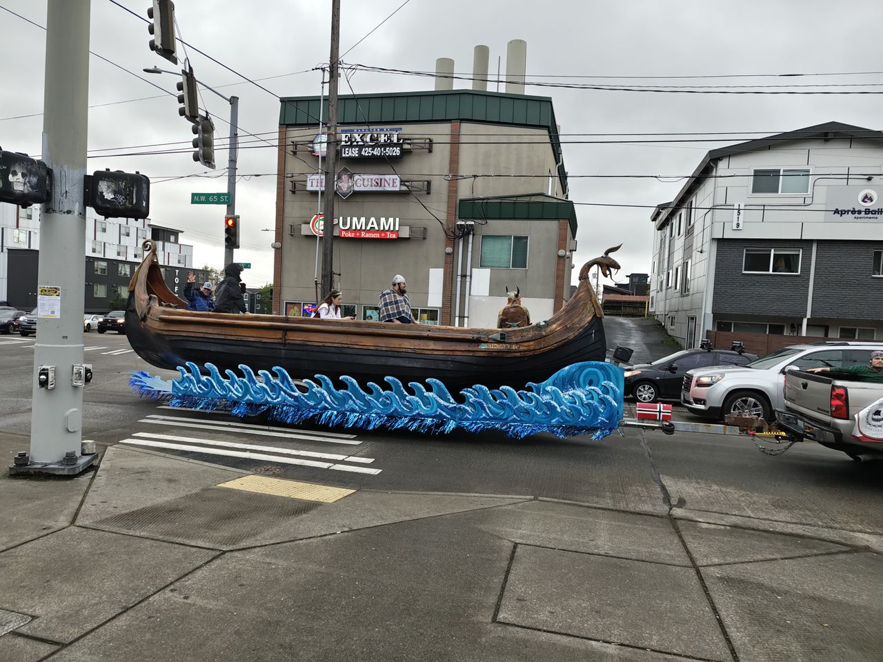 A Viking ship on wheels in the street