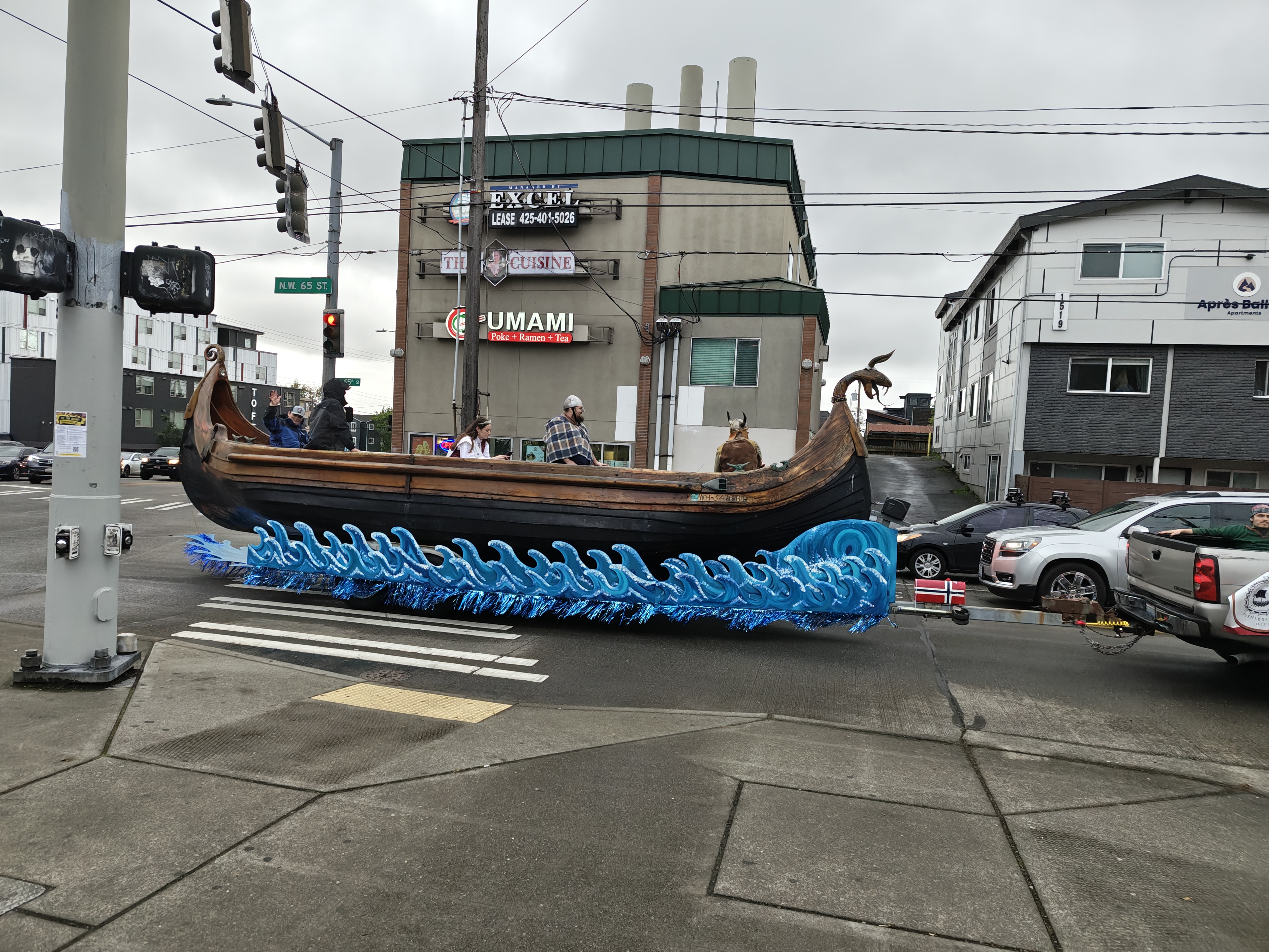 A Viking ship on wheels in the street