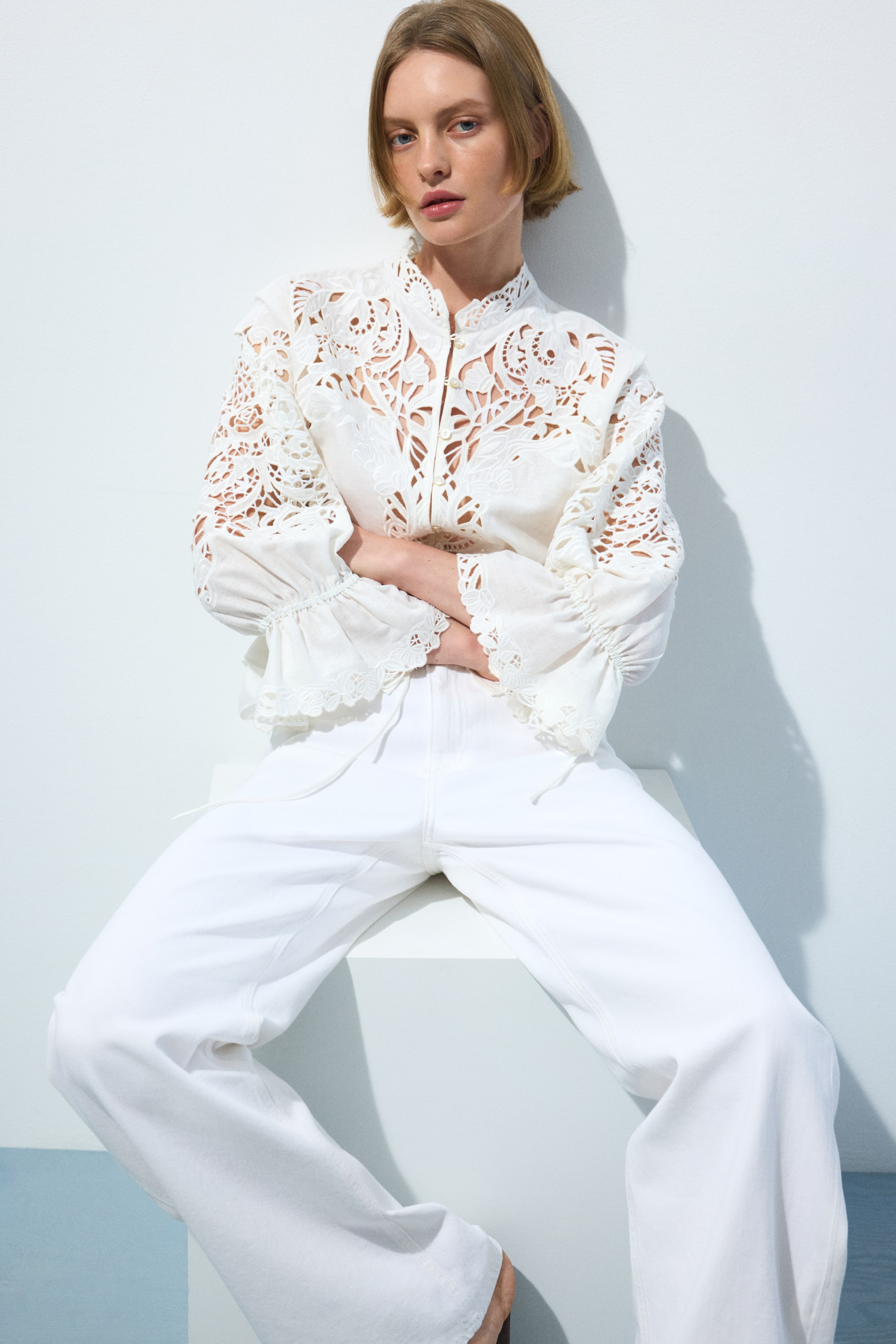 Linen-Blend Broderie Anglaise Blouse - White