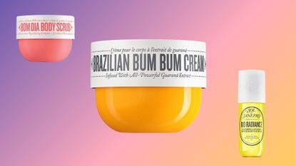 SOL DE JANEIRO Brazilian bum bum cream and other skincare and hair products on a peach and purple background