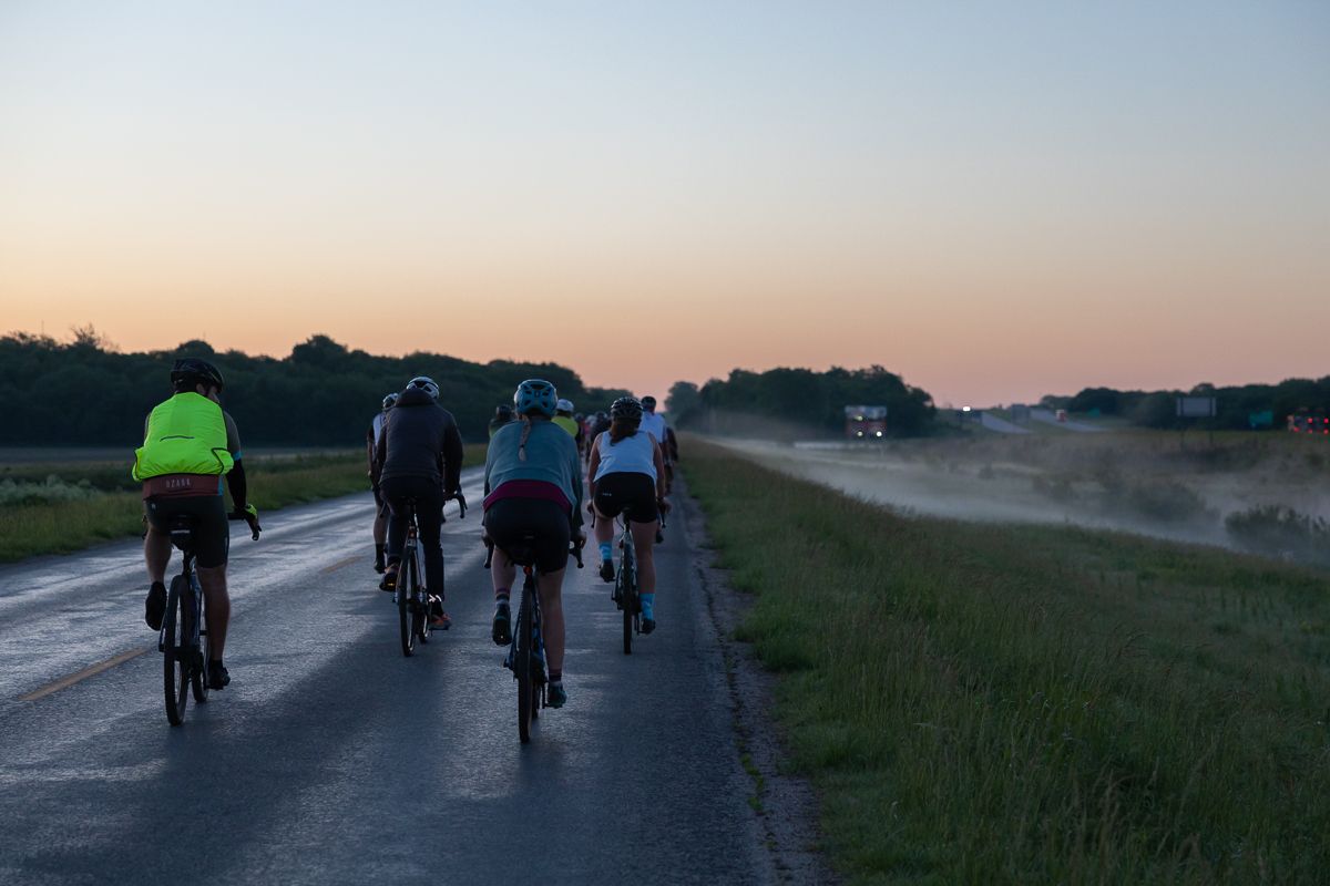 Mo Wilson Memorial ride heading east out of Emporia on a misty morning.