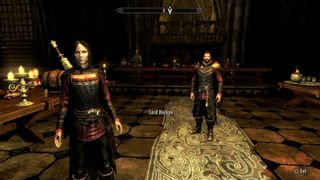 Skyrim: The Dawnguard screenshot shows vampire lords Serana and Lork Harkon