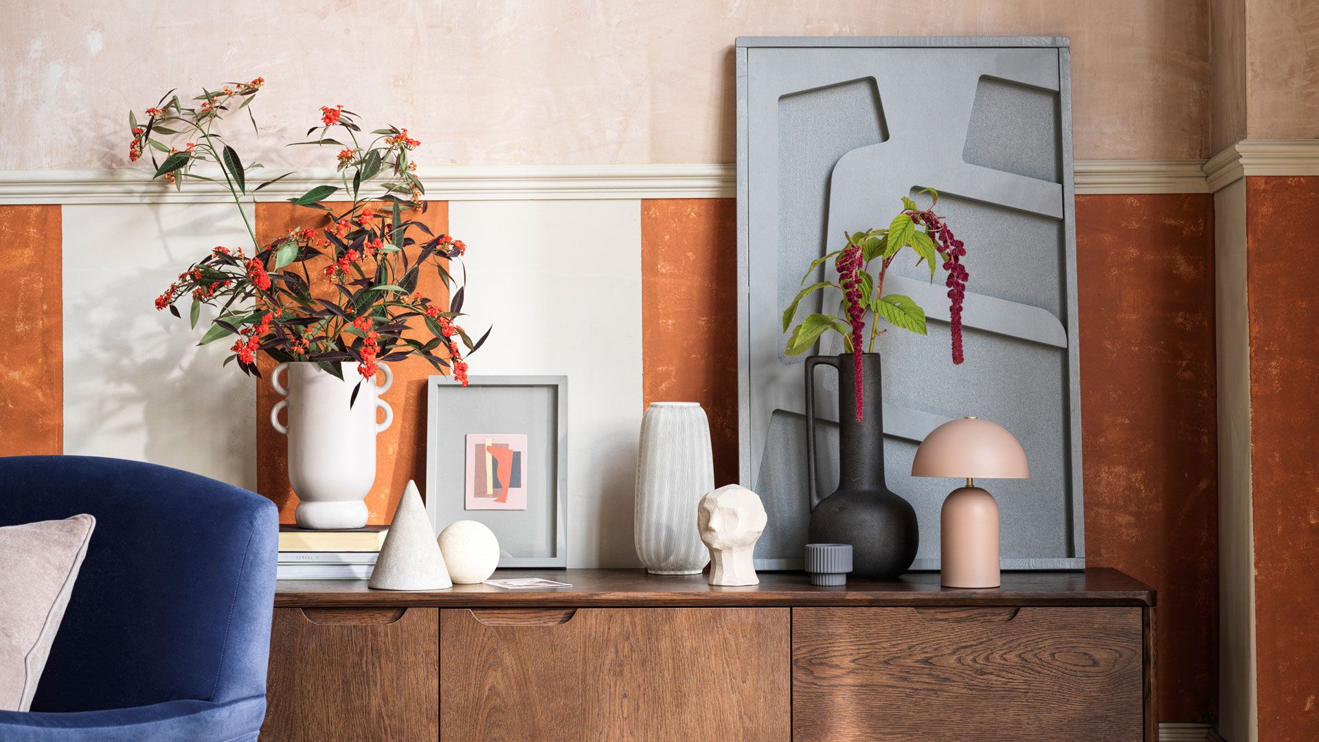 Side board with display objects living room trends 2023