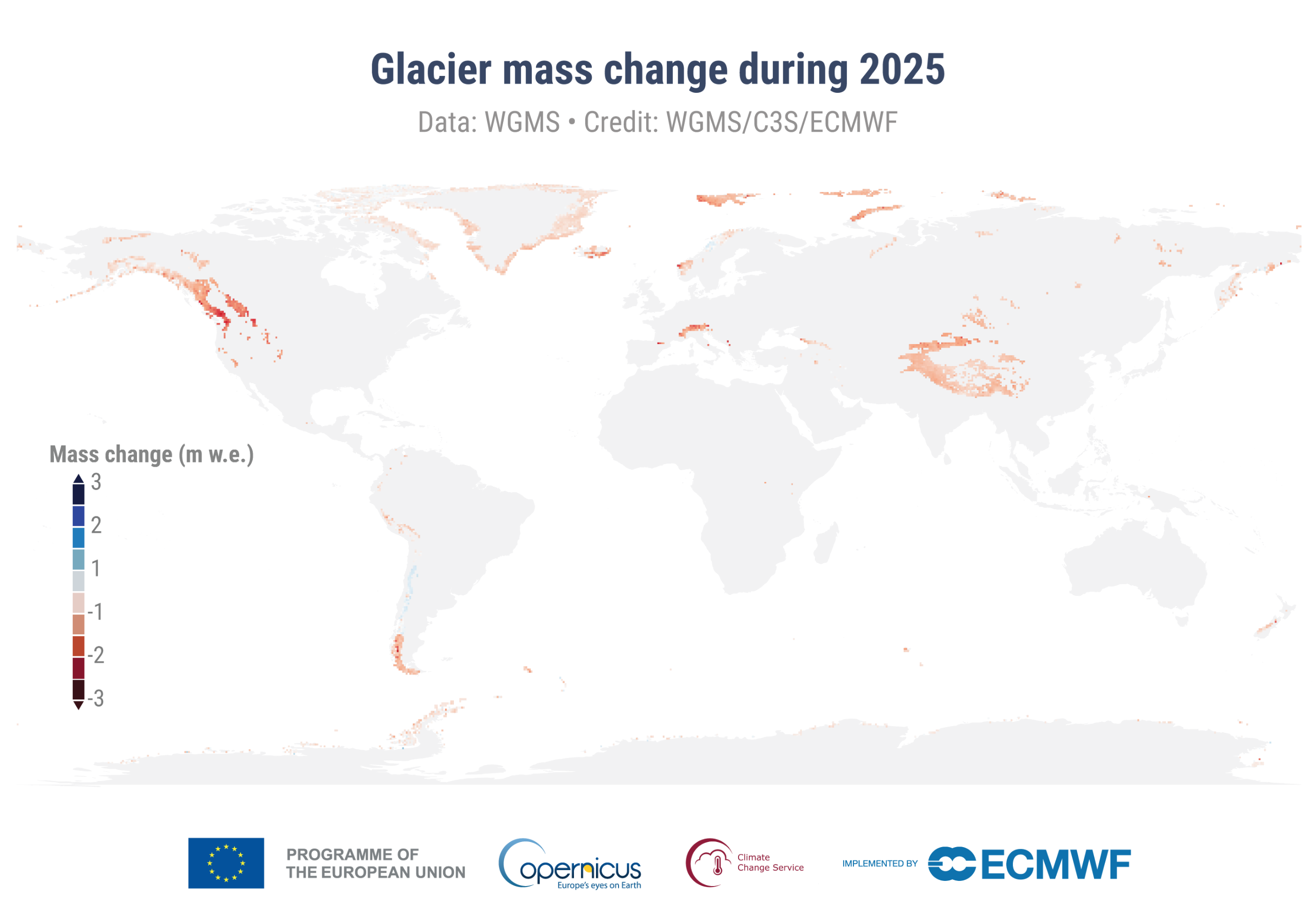 A world map showing in red the change in glacial activity.