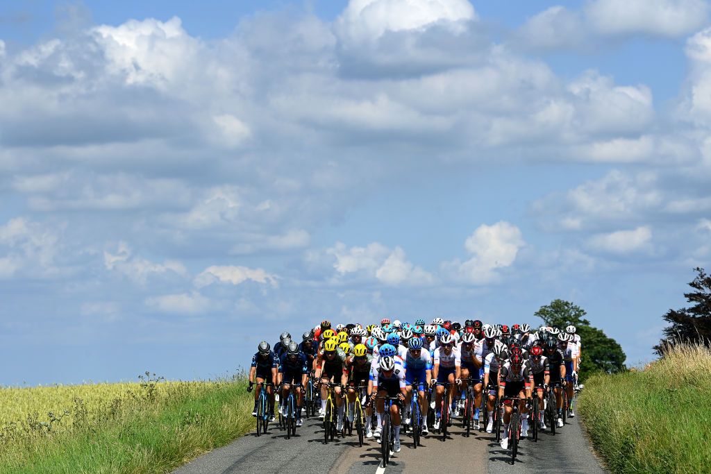 NYBORG DENMARK JULY 02 A general view of the peloton competing during the 109th Tour de France 2022 Stage 2 a 2022km stage from Roskilde to Nyborg TDF2022 WorldTour on July 02 2022 in Nyborg Denmark Photo by Tim de WaeleGetty Images