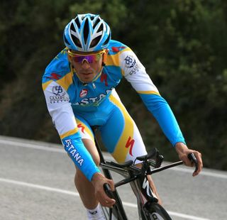 Contador takes a corner on his new time trial machine