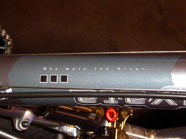 Cheeky message underneath the X-ControlPro MkII downtube, "One more tea vicar..."