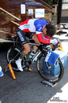 Sylvain Chavanel (Omega Pharma-QuickStep) warms up on his Specialized S-Works Shiv.