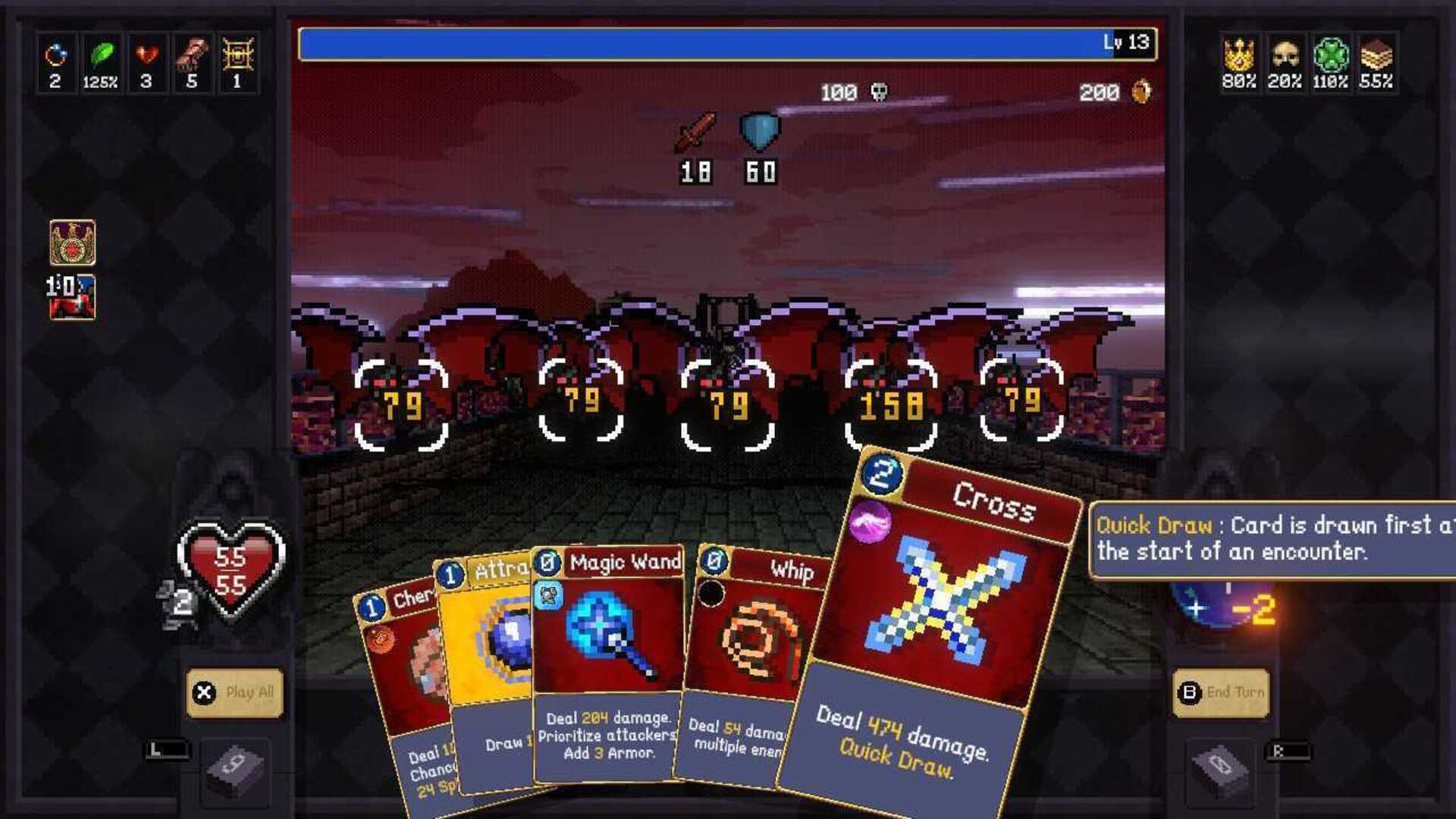 Vampire Crawlers screenshots taken on Nintendo Switch, showing card-based roguelite gameplay