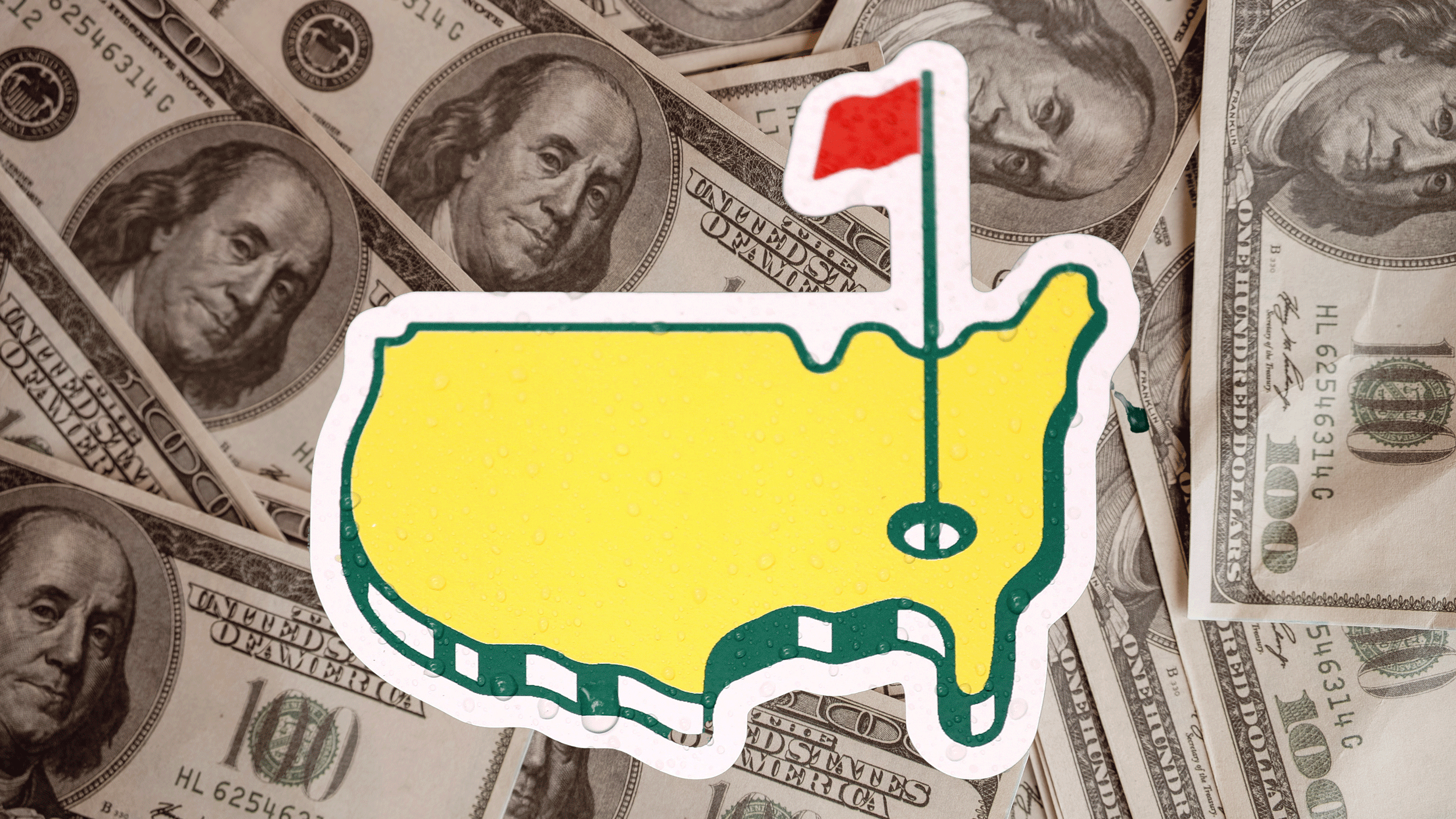 The Masters logo on a white background with a pile of 100 dollar bills as the main photo