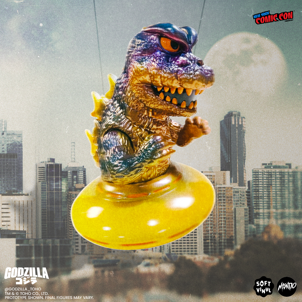 Godzilla UFO Attack Peter Variant figure hanging on wires in front of a city