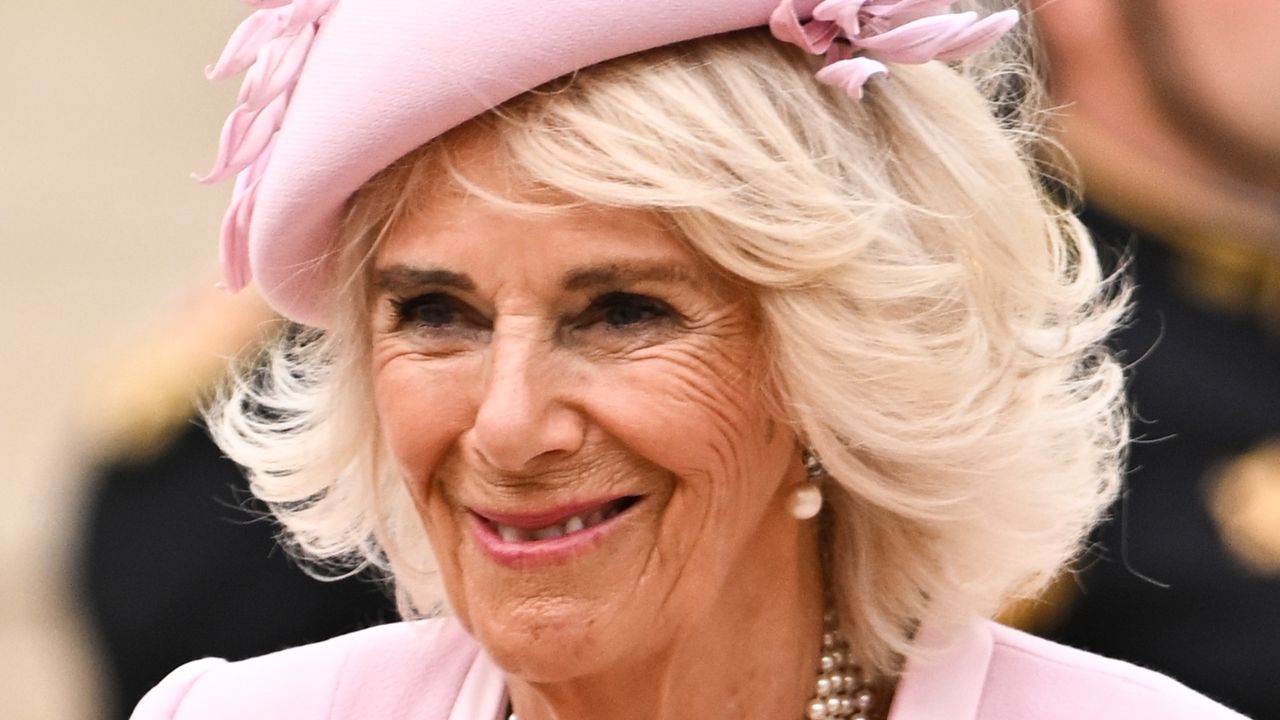 Queen Camilla&#039;s bubblegum pink outfit as she arrives for a meeting at the Elysee Palace