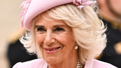Queen Camilla's bubblegum pink outfit as she arrives for a meeting at the Elysee Palace