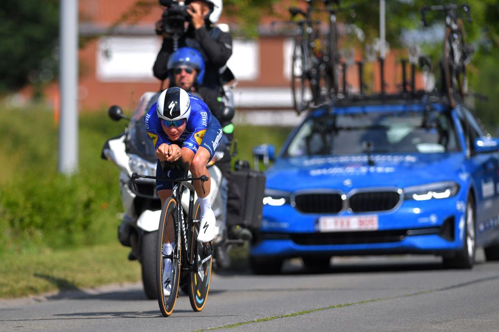 INGELMUNSTER BELGIUM JUNE 16 Remco Evenepoel of Belgium during the 122th Belgian Road Championship 2021 Mens Individual Time Trial a 376km race from Ingelmunster to Ingelmunster ITT bkingelmunster belgiancycling on June 16 2021 in Ingelmunster Belgium Photo by Luc ClaessenGetty Images