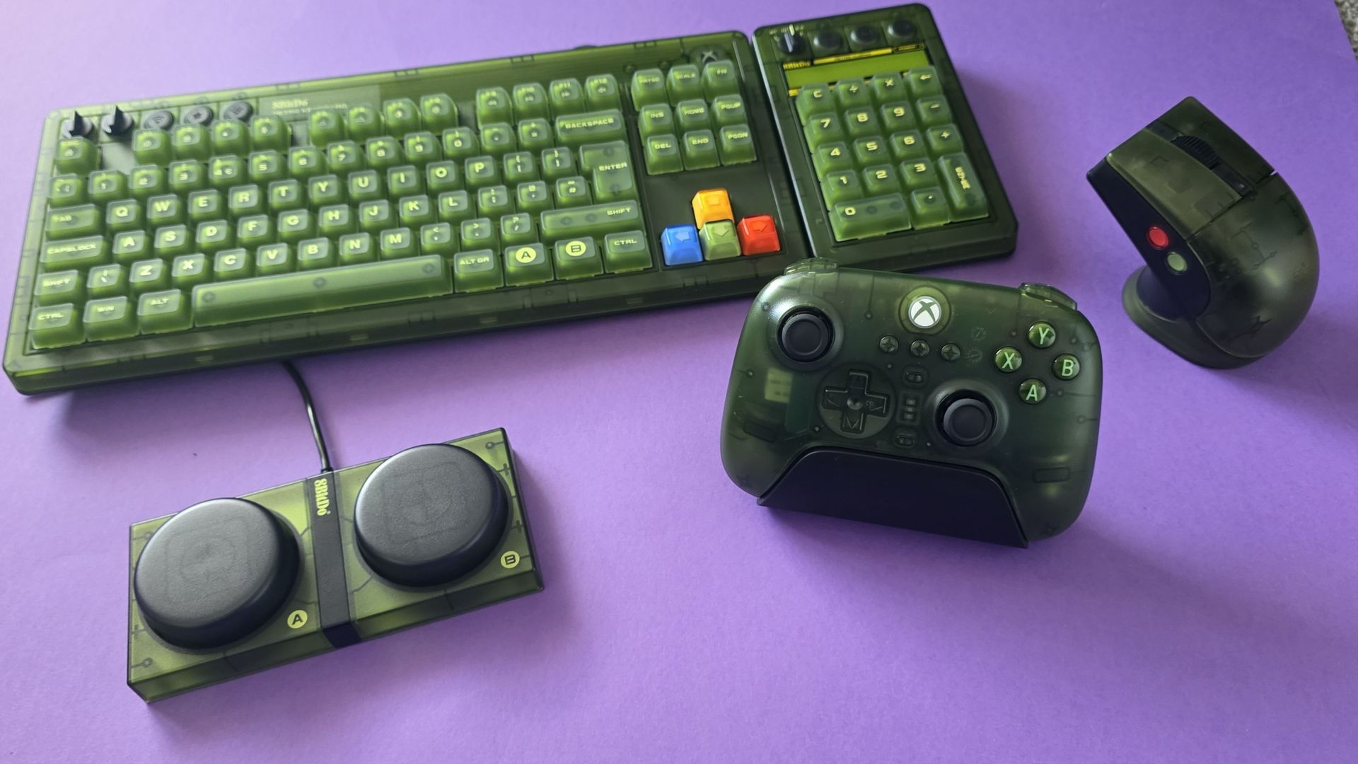 Green keyboard, mouse and controller