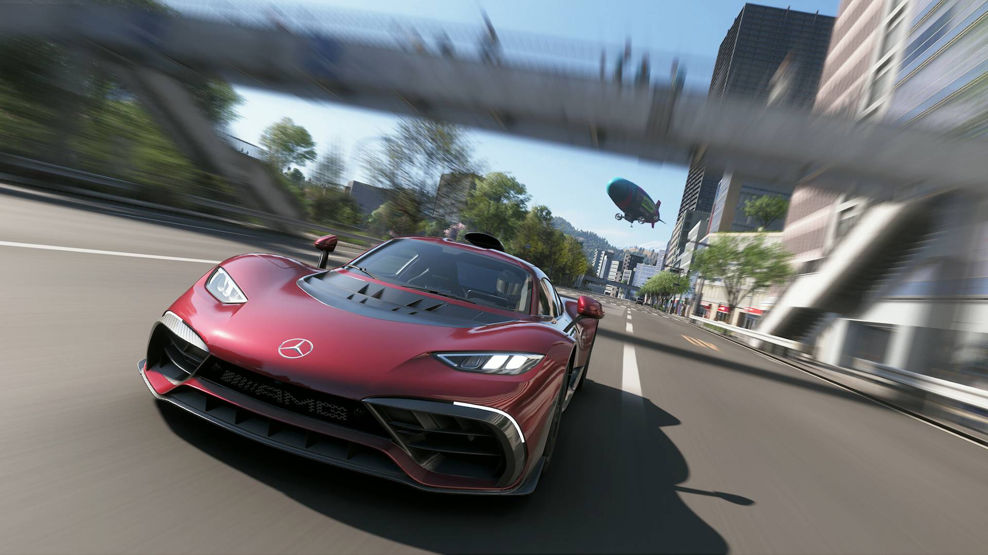 Forza Horizon 6 fastest cars mercedes-AMG One driving under pedestrian bridge in Tokyo