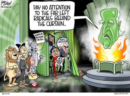 Political Cartoon U.S. Biden far left Wizard of Oz