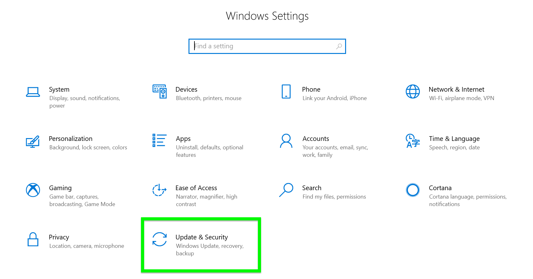 Windows 10 new start menu how to - Click Update & Security