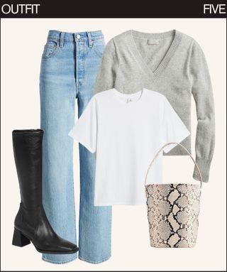 white t-shirt, high waisted jeans, grey sweater, and black boots