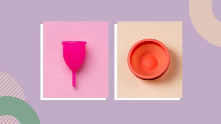 pink menstrual cup and red menstrual disc on purple background