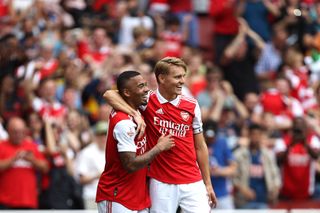 Gabriel Jesus of Arsenal celebrates scoring their 3rd goal with Martin Odegaard during Pre-Season Friendly, The Emirates Cup match between Arsenal and Sevilla at Emirates Stadium on July 30, 2022 in London, England.