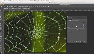 A screengrab of Photoshop CC showing a spiderweb image with the sharpness and contrast being boosted