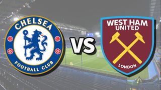 The Chelsea and West Ham United club badges on top of a photo of Stamford Bridge in London, England