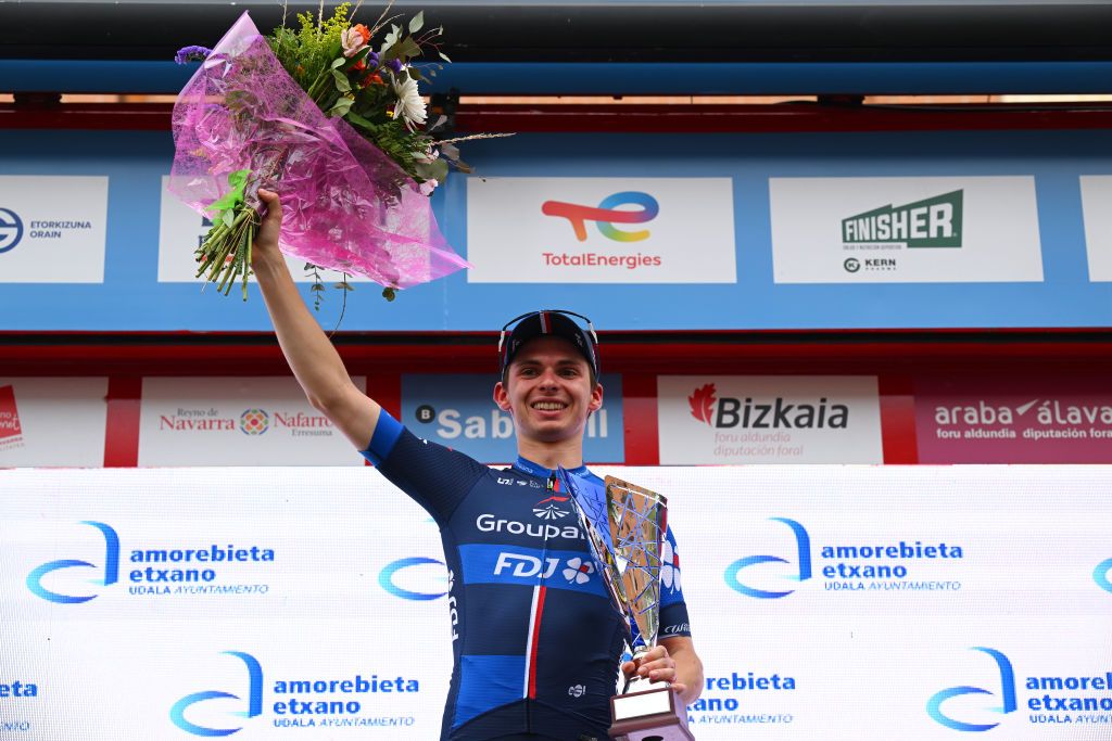 AMOREBIETA ETXANO SPAIN APRIL 05 Romain Gregoire of France and Team Groupama FDJ celebrates at podium as stage winner during the 63rd Itzulia Basque Country 2024 Stage 5 a 1759km stage from VitoriaGasteiz to AmorebietaEtxano UCIWT on April 05 2024 in AmorebietaEtxano Spain Photo by Tim de WaeleGetty Images