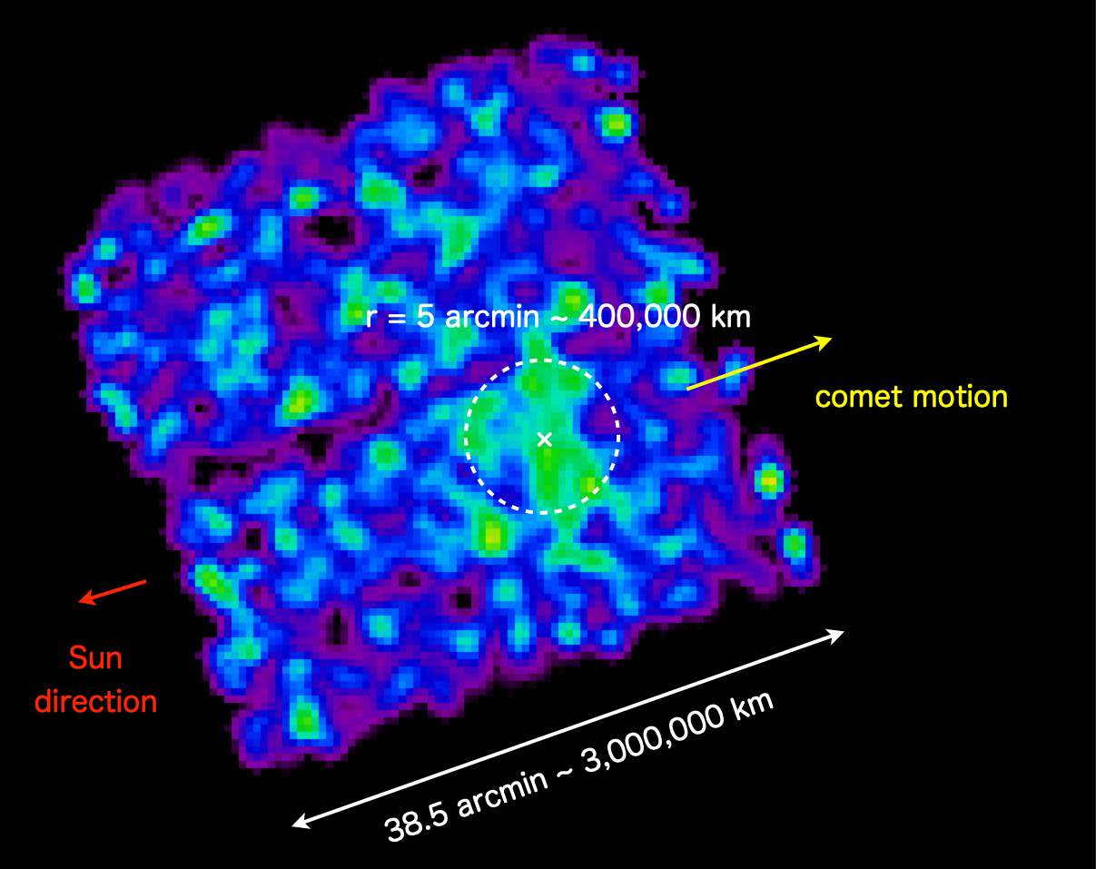 A blue and purple and green xray image of comet 3I/ATLAS, where a square of blue and green and purple colors are seen against a black background