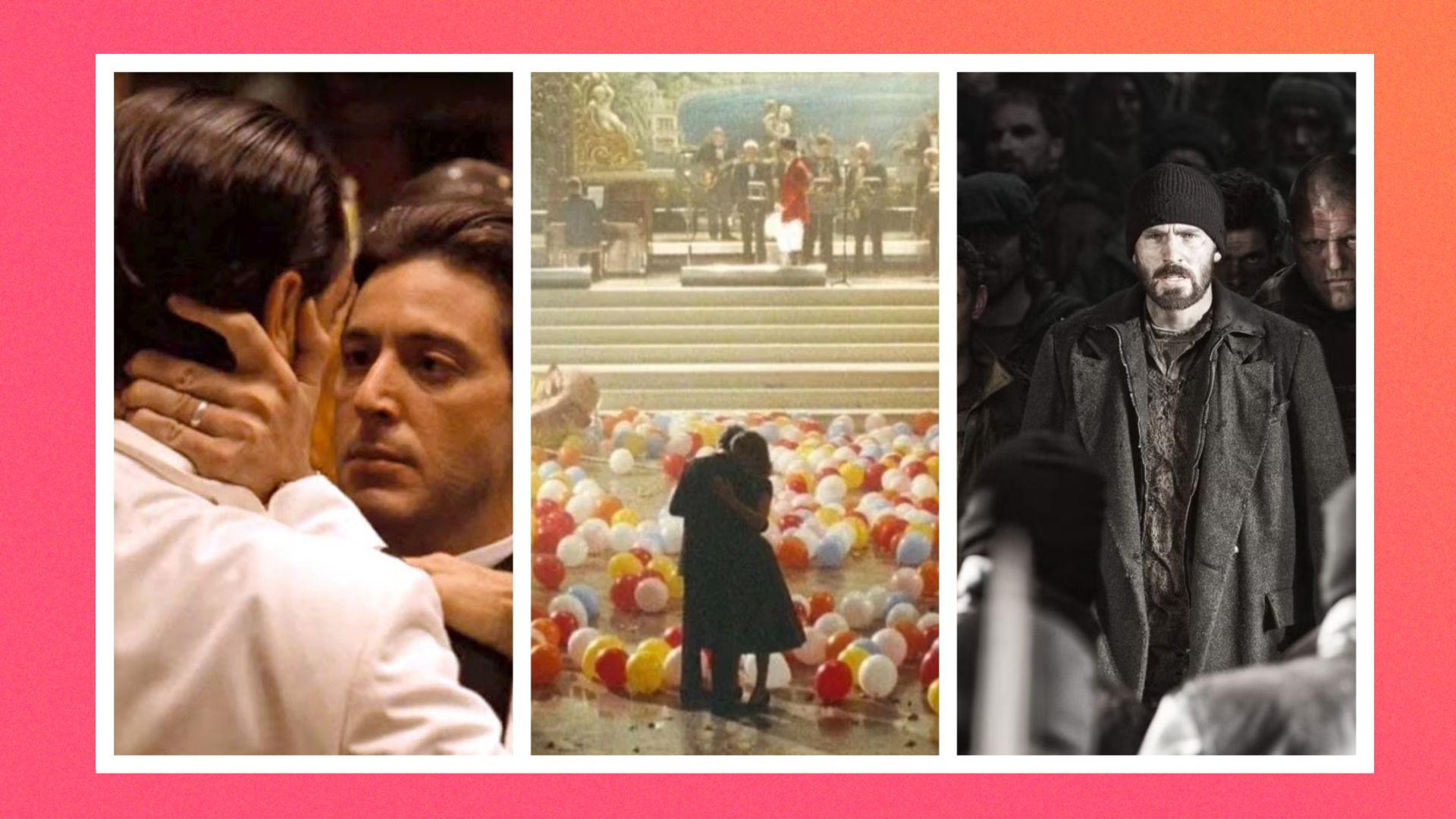 Three images from films sliced together from left to right: Godfather Part II / Phantom Thread / Snowpiercer 