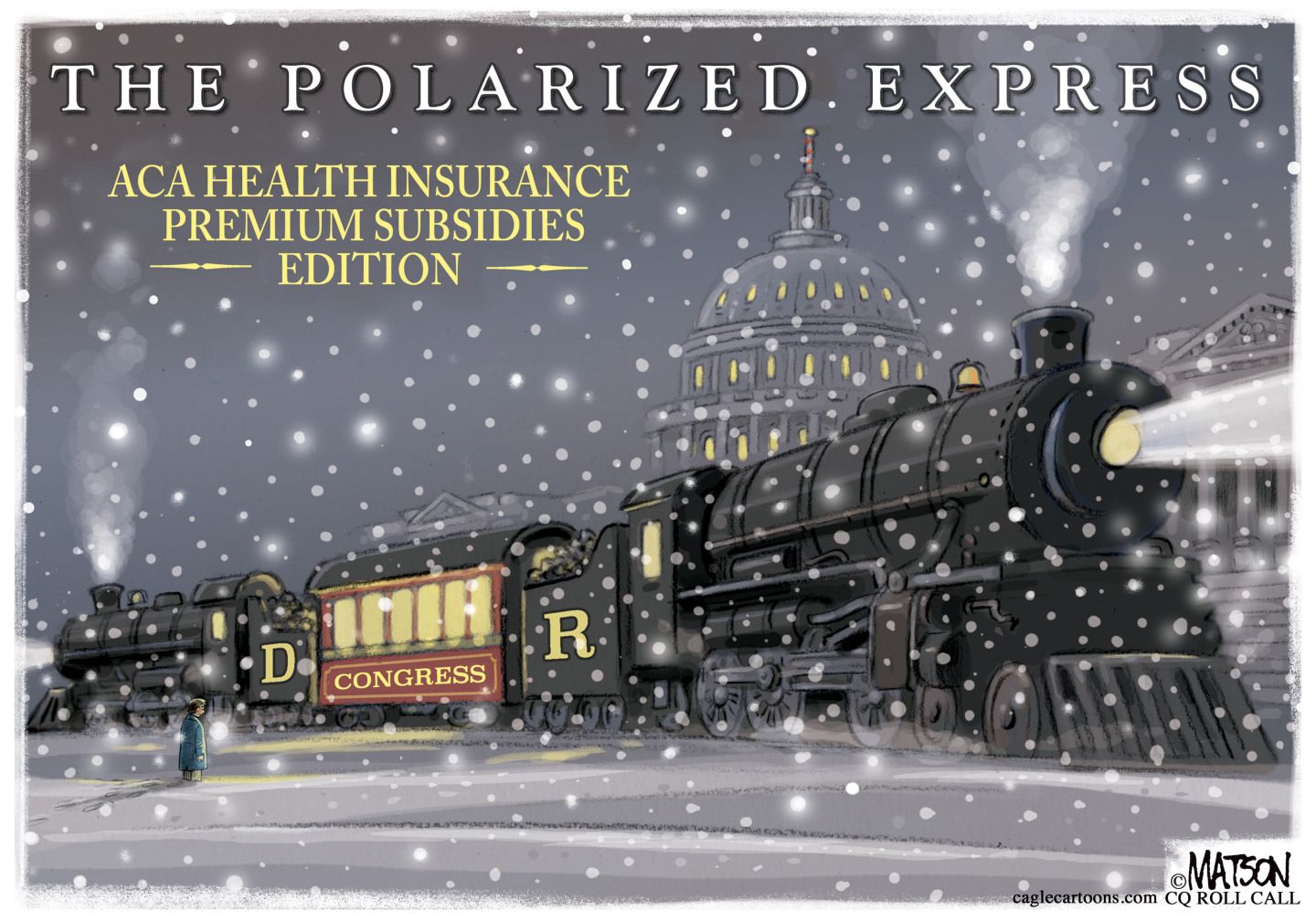 
                                This political cartoon is titled The Polarized Express: ACA health insurance premium subsidies editions. It’s illustrated to resemble a frame from the Polar Express movie. A large train moves through a snowstorm in Washington DC. It has two steam engines. One of the cars is named Congress and has Democrats and Republicans separated and being pulled in two different directions.
                            