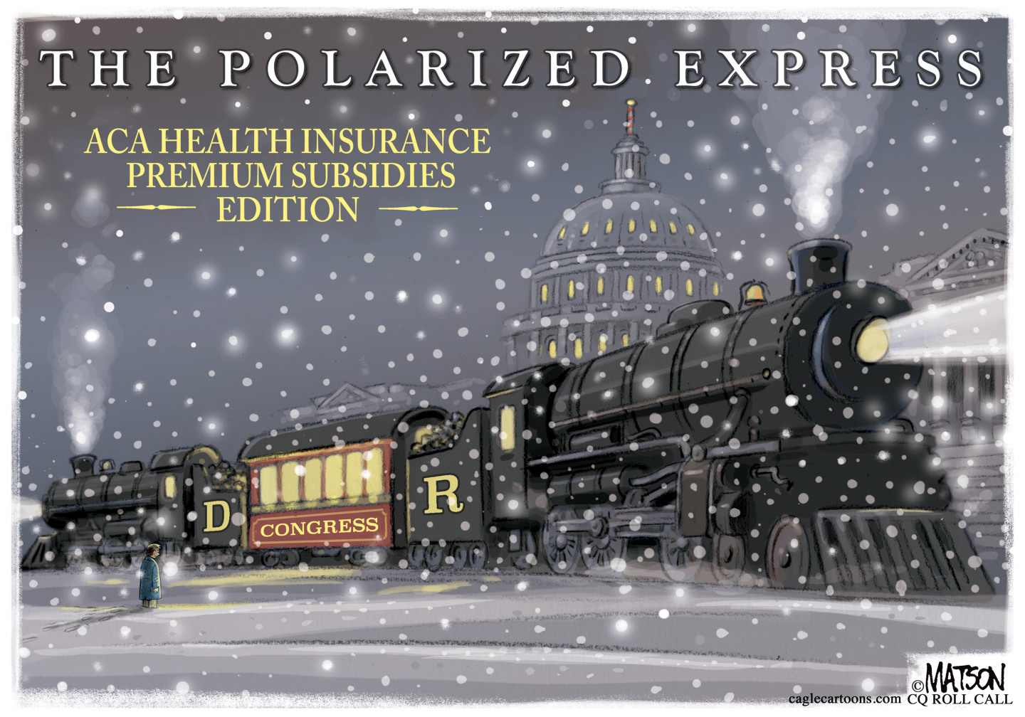 This political cartoon is titled The Polarized Express: ACA health insurance premium subsidies editions. It&amp;rsquo;s illustrated to resemble a frame from the Polar Express movie. A large train moves through a snowstorm in Washington DC. It has two steam engines. One of the cars is named Congress and has Democrats and Republicans separated and being pulled in two different directions.