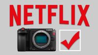 Canon EOS C50 camera in front of a Netflix logo with a checkmark 