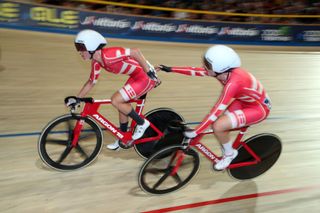 Denmark’s Julie Leth and Amalie Dideriksen en route to the Madison title at the 2019 UEC Track European Championships