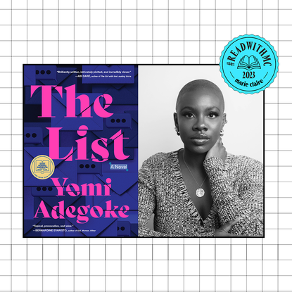 The List book cover with headshot of Yomi Adegoke overlaid grid background with blue ReadWithMC stamp