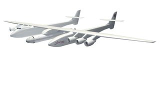 This image released by Microsoft co-founder Paul Allen's Stratolaunch Systems spotlights the company's giant twin-boom aircraft launch pad for private spaceflights.