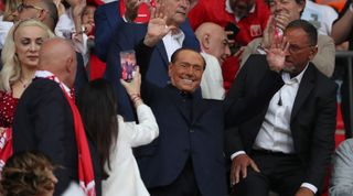 Silvio Berlusconi looks on during the celebrations of the first historic promotion of AC Monza to Serie A in its 110-year history at U-Power Stadium Brianteo on May 31, 2022 in Monza, Italy.