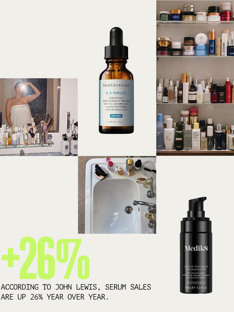 A collage of bestselling serums and a picture of a bathroom sink and a bathroom cupboard with luxury skincare in, alongside a stat from John Lewis on serum sales in 2025