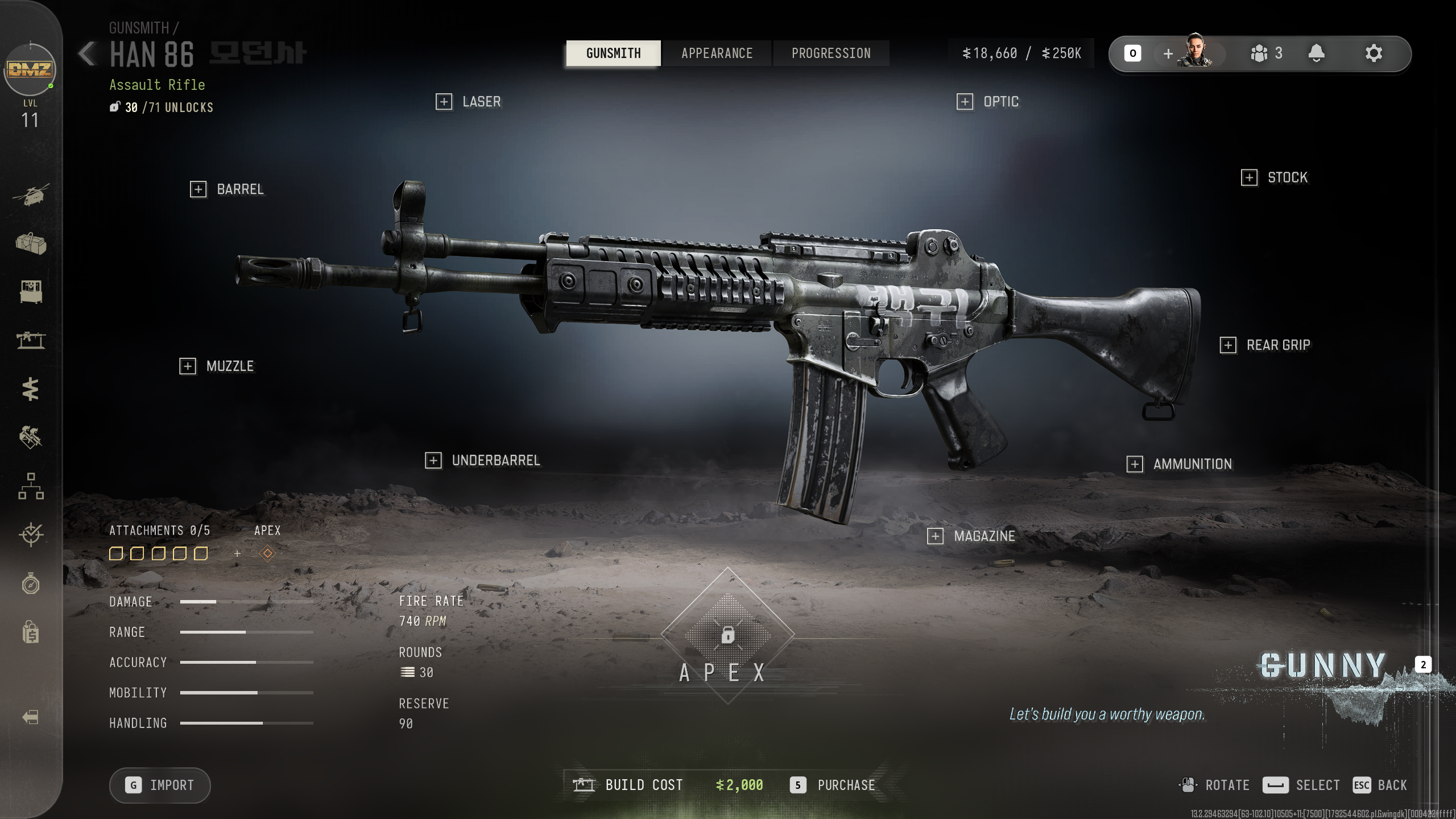 A screenshot of the Gunsmith in Call of Duty: Modern Warfare 4 DMZ showing the Han 86 and its available attachments.