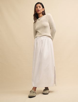 White Poplin Drawstring Midi Skirt